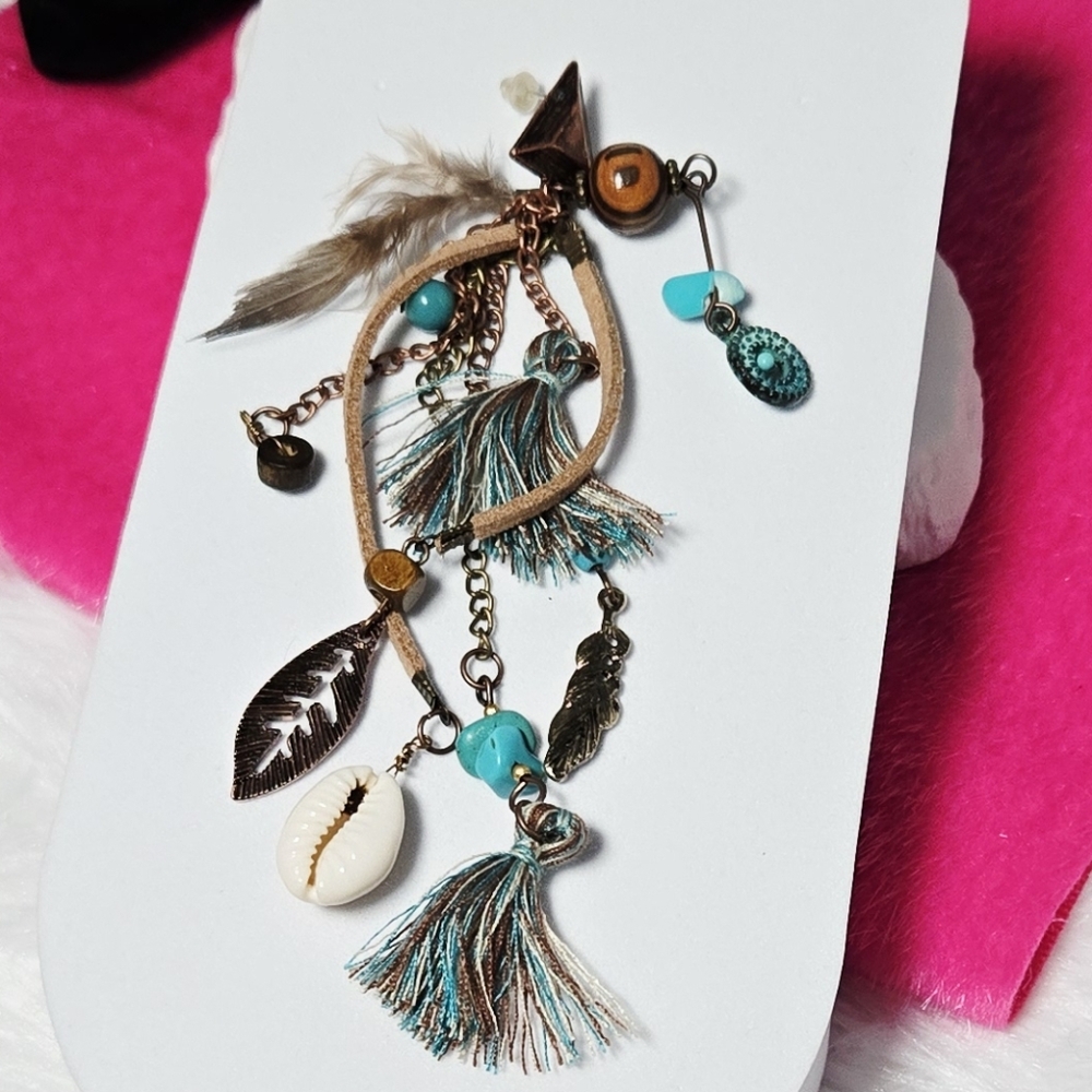 Long Bohemian Feather Tassel Earrings β Copper & Turquoise Festival Statement - Picture 3 of 7